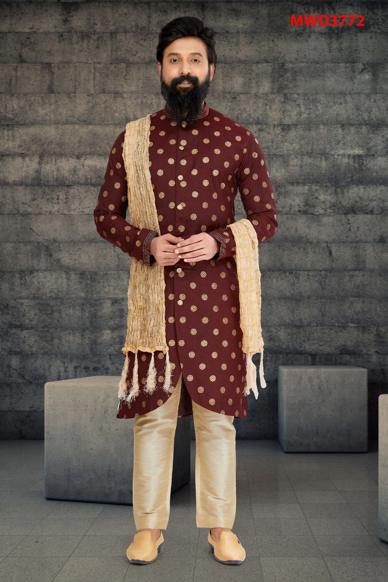 Maroon Cotton Silk Indo Western Sherwani, 36-1.webp